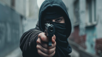 In the robbery scene, a man in a mask holds a gun, creating a feeling of anxiety and threat to those around him.