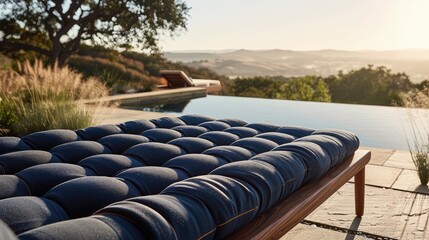 Close up of a navy blue outdoor daybed with a grey cushion near a pool, a summer lifestyle scene