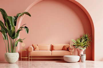 Discover a minimalist living room in soft pink tones, featuring a stylish sofa, green plants, and modern decor. Perfect for home decor inspiration and contemporary interior design ideas.