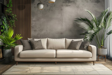 Fototapeta premium Modern Interior Design of Living room along with sofa set and indoor plants