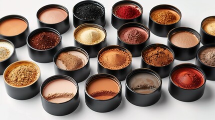 Many skin correction makeup products in pots isolated on white background