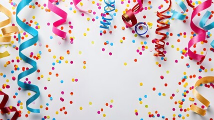 Fototapeta premium White background with colorful streamers and confetti for celebration or party decoration vector illustration, white background.