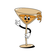 Vector color illustration of retro mascot character walking glass with cocktail and lemon zest. Isolated on white background