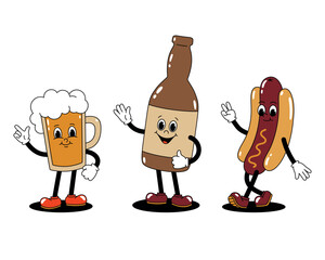 Vector set of color illustrations of retro mascot characters walking glass of beer, bottle and hot dog.  Stickers isolated on white background