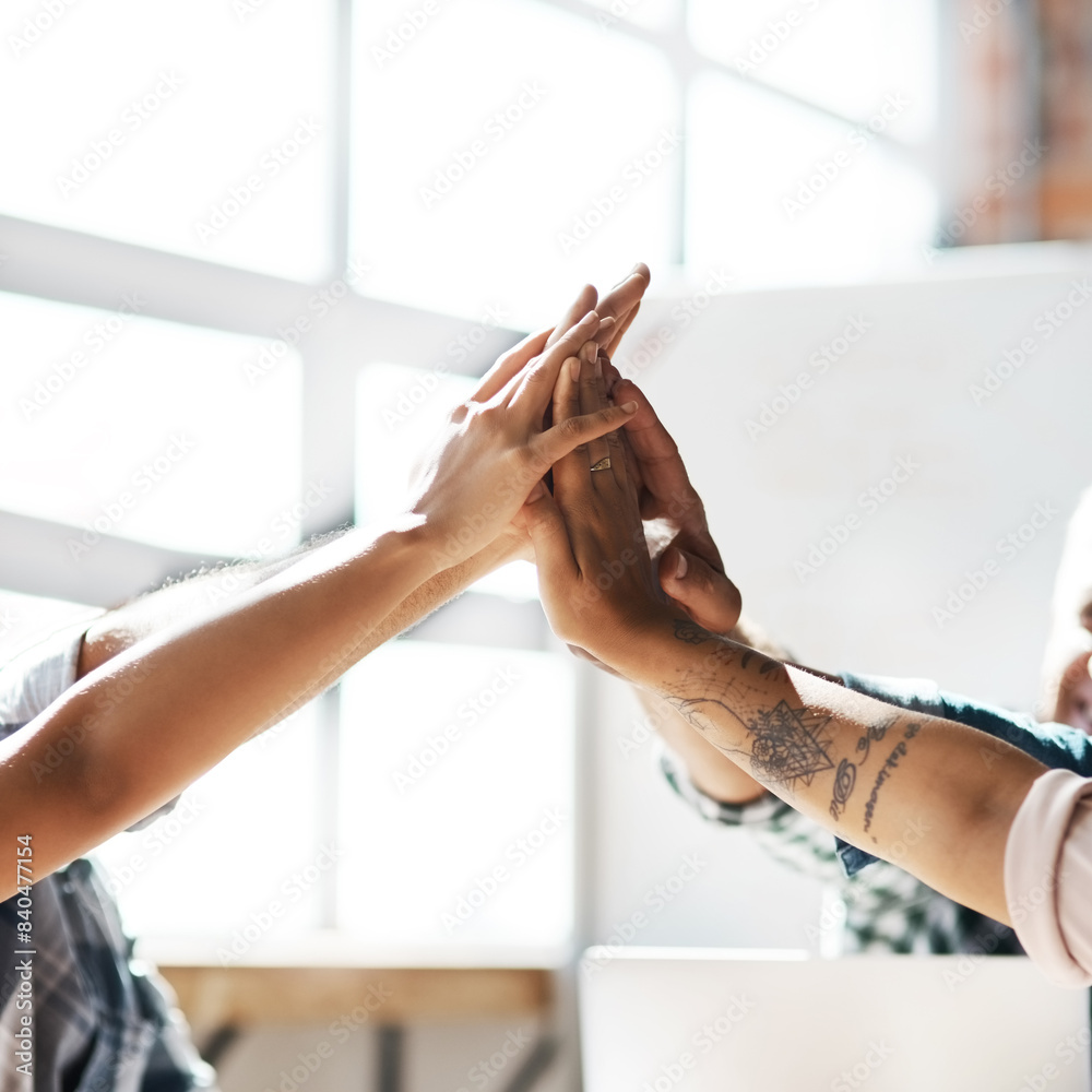 Poster hands, high five and group at meeting, celebration and connection in support with teamwork in office