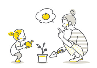 家庭菜園を始める若いお母さんと小さな女の子　シンプルでお洒落な線画イラスト