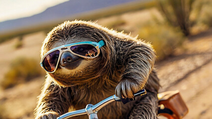 Ein Faultier mit einer Sonnenbrille auf dem Fahrrad