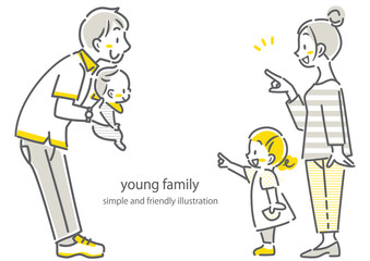 注目する若い4人家族　シンプルでお洒落な線画イラスト