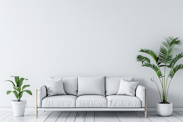 A modern living room featuring a neutral sofa, lush green plants, and stylish wall art. Perfect for home decor inspiration and contemporary interior design ideas.