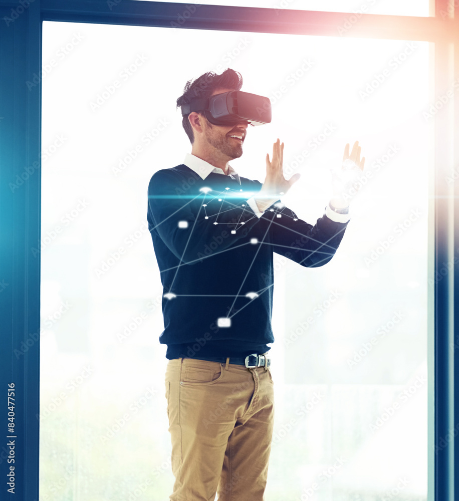 Poster Hologram, virtual reality and business man in office for metaverse, online networking and cyberworld. Digital, technology and worker with hands for user interface, vr simulation and company website