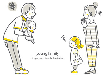 注目する若い4人家族　シンプルでお洒落な線画イラスト