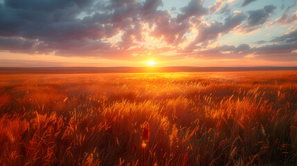An ultra HD view of a nature steppe meadow at sunrise, the light casting long shadows and creating a golden glow among the grasses