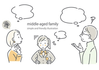 娘と一緒に教育について考えるミドル世代の夫婦　シンプルでお洒落な線画イラスト