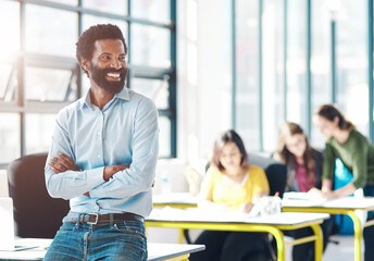 Fototapeta premium Coworking, smile and black man in office with thinking, our vision and happy from web design startup. Professional, arms crossed and creative worker with confidence and proud from website admin job