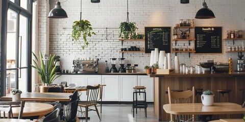 Modern Coffee Shop With Tables, Chairs, and Wall Plants