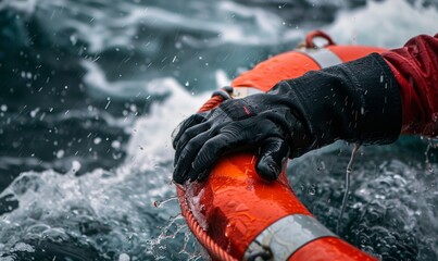 lifeboatant holding orange float in stormy sea - Powered by Adobe
