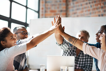 Business people, meeting and high five with smile, celebration and connection in support with...