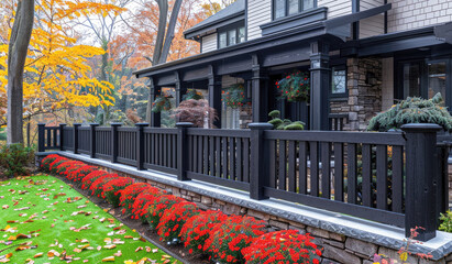 Obraz premium Dark wood composite fence near private house.