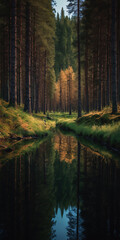 Obraz premium Finnish Nature Day. fabulous nature. green dense forest. green grass. forest vegetation. summer nature. sunset. sunrise. A stream in the forest