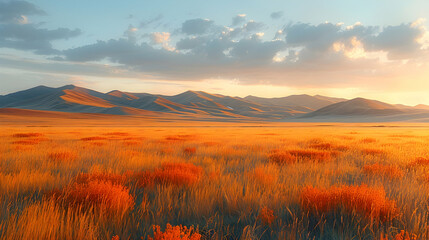 Obraz premium An ultra HD view of a nature plateau at sunrise, the light casting long shadows and creating a golden glow across the landscape