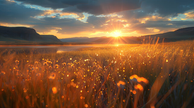 An ultra HD view of a nature riparian meadow at sunrise, the light casting long shadows and creating a golden glow among the grasses