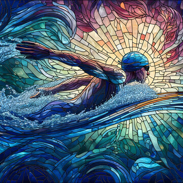 Stained glass picture of Swimming
