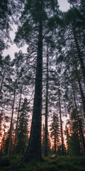 Fototapeta premium Finnish Nature Day. fabulous nature. green dense forest. green grass. forest vegetation. summer nature. sunset. sunrise