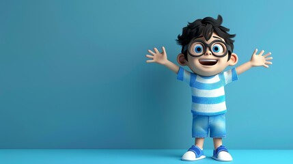 Cheerful 3D cartoon boy character with raised arms wearing glasses and a striped shirt.