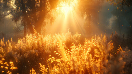 An ultra HD view of a nature savannah at sunrise, the light casting long shadows and creating a golden glow among the grasses