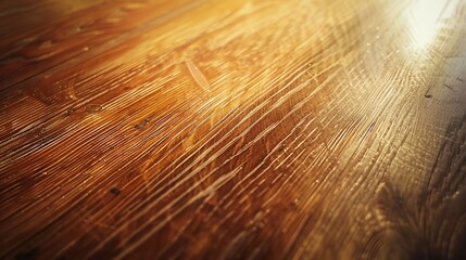 Obraz premium Close-up of a polished wooden floor capturing detailed textures and natural grain patterns illuminated by warm light.