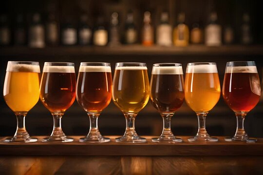 Glasses with different sorts of craft beer on bar. Closeup of on glasses of different types of draught beer in a pub.