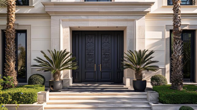 View of the facade and dark entrance door of a private house, a mansion in the style of modern classicism.