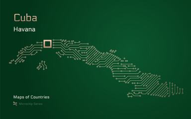 Cuba Map with a capital of Havana Shown in a Microchip Pattern with processor. E-government. World Countries vector maps. Microchip Series	