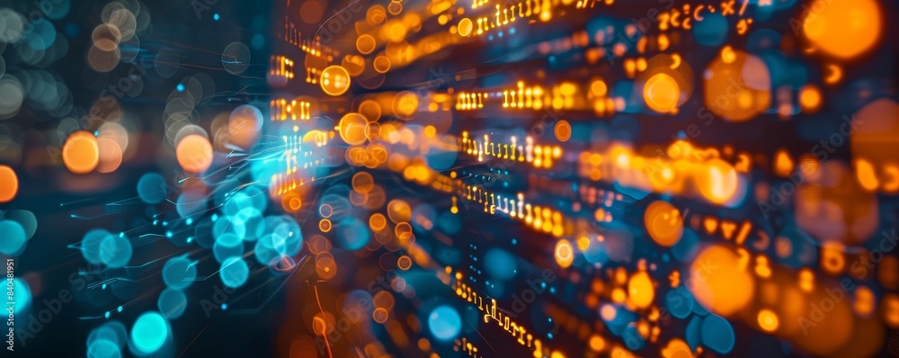Poster macro shot of a computer screen displaying lines of code, vibrant bokeh lights in the backdrop, illu