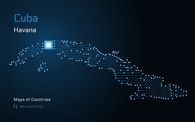 Cuba Map with a capital of Havana Shown in a Microchip Pattern with processor. E-government. World Countries vector maps. Microchip Series	