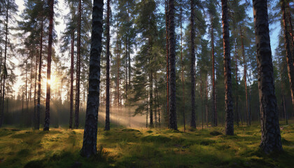 Fototapeta premium Finnish Nature Day. fabulous nature. green dense forest. green grass. forest vegetation. summer nature. sunset. sunrise