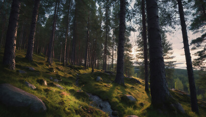 Obraz premium Finnish Nature Day. fabulous nature. green dense forest. green grass. forest vegetation. summer nature. sunset. sunrise