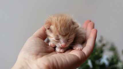 A tiny orange kitten sleeps in the palm of a human hand. The kitten is curled up with its head on its paws. - Powered by Adobe