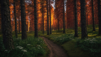 Obraz premium Finnish Nature Day. fabulous nature. autumn nature. yellow leaves on the trees. autumn landscapes. sunset