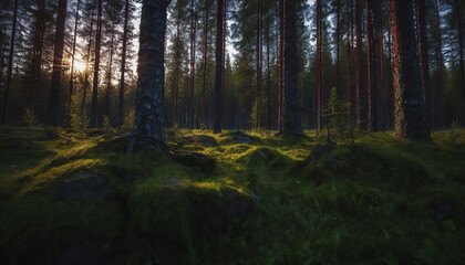 Obraz premium Finnish Nature Day. fabulous nature. green dense forest. green grass. forest vegetation. summer nature. sunset. sunrise