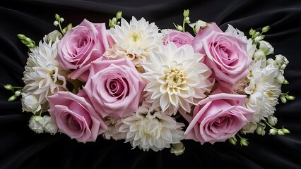 A closeup shot of a luxurious bouquet of pink roses and white red dahlias on a black background
