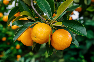 Orange trees with ripe fruits and orange garden views. Ai generative