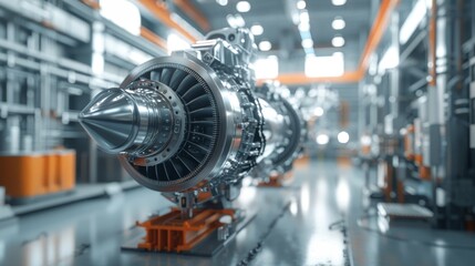 Fototapeta premium Close-up of a high-tech turbine engine in a modern industrial facility, showcasing advanced engineering and precision technology.