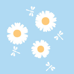 Daisy flower set and dragonflies icon sign on blue background vector.