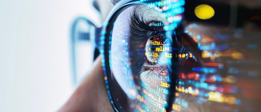 Close-up of a person's eye reflected in glasses with computer code, representing technology, coding, and digital innovation.