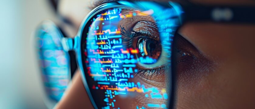 Close-up of glasses reflecting computer code, symbolizing technology, data analysis, and software development in a modern, digital world.
