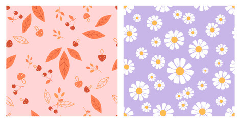 Fototapeta premium Seamless pattern with daisy flower on purple background. seamless pattern with Autumn leaves, mushroom and branches on pink background vector.