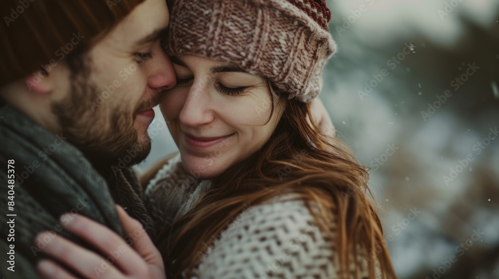 Sticker A man and woman kissing in the snow with a hat on, AI