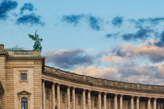 Low angle view of statue of goddess Fortuna by Johannes Benk at the Hofburg Palace, Vienna, Austria