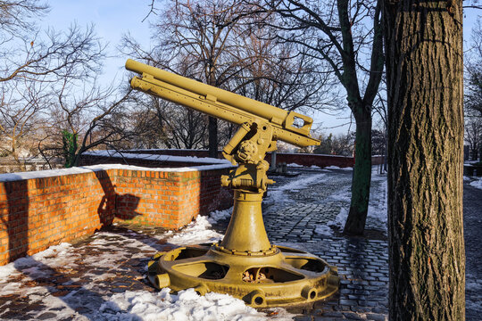 Buda Castle canon at bastion in winter with melting snow around, Budapest, Hungary